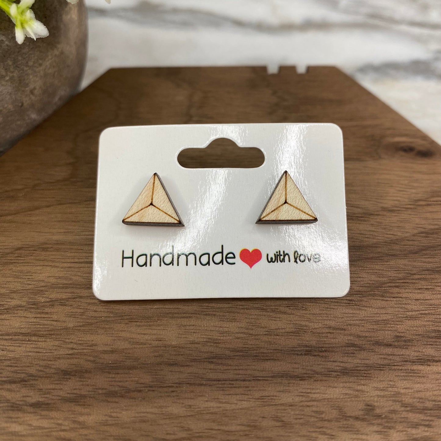 Wooden Stud Earrings - Triangle Pyramid