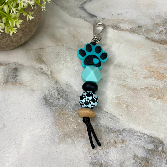 Keychain - Silicone & Wood Bead - Paw Print - Turquoise