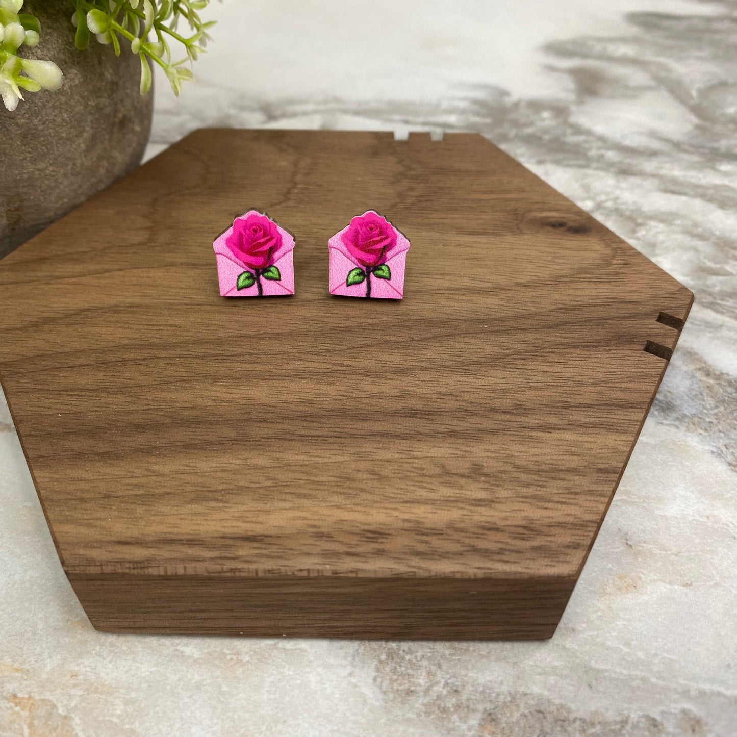 Wooden Stud Earrings - Rose Envelope - #9