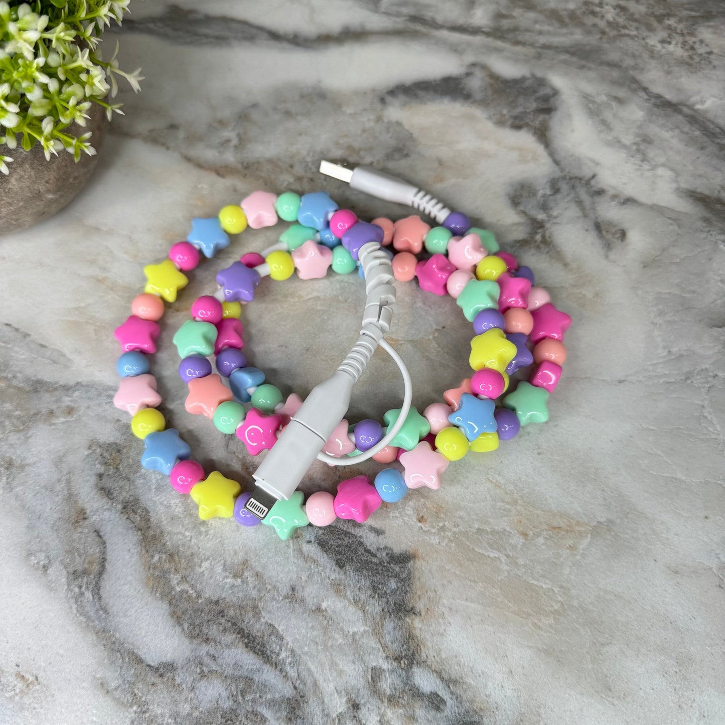 Charging Cord - Beaded #1 - Heart & Star Rainbow