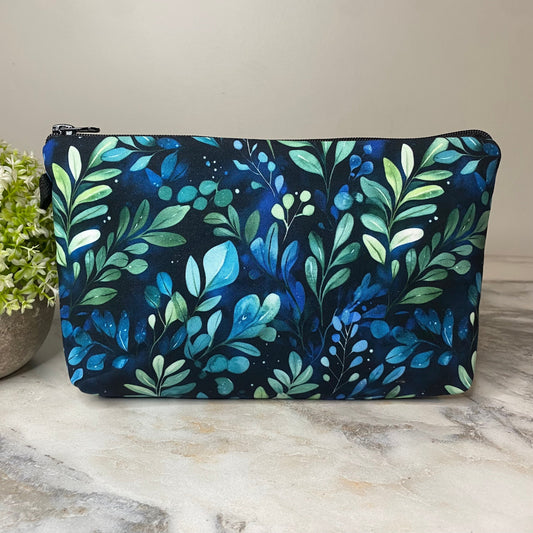 Pouch - Floral Navy Green Leaves