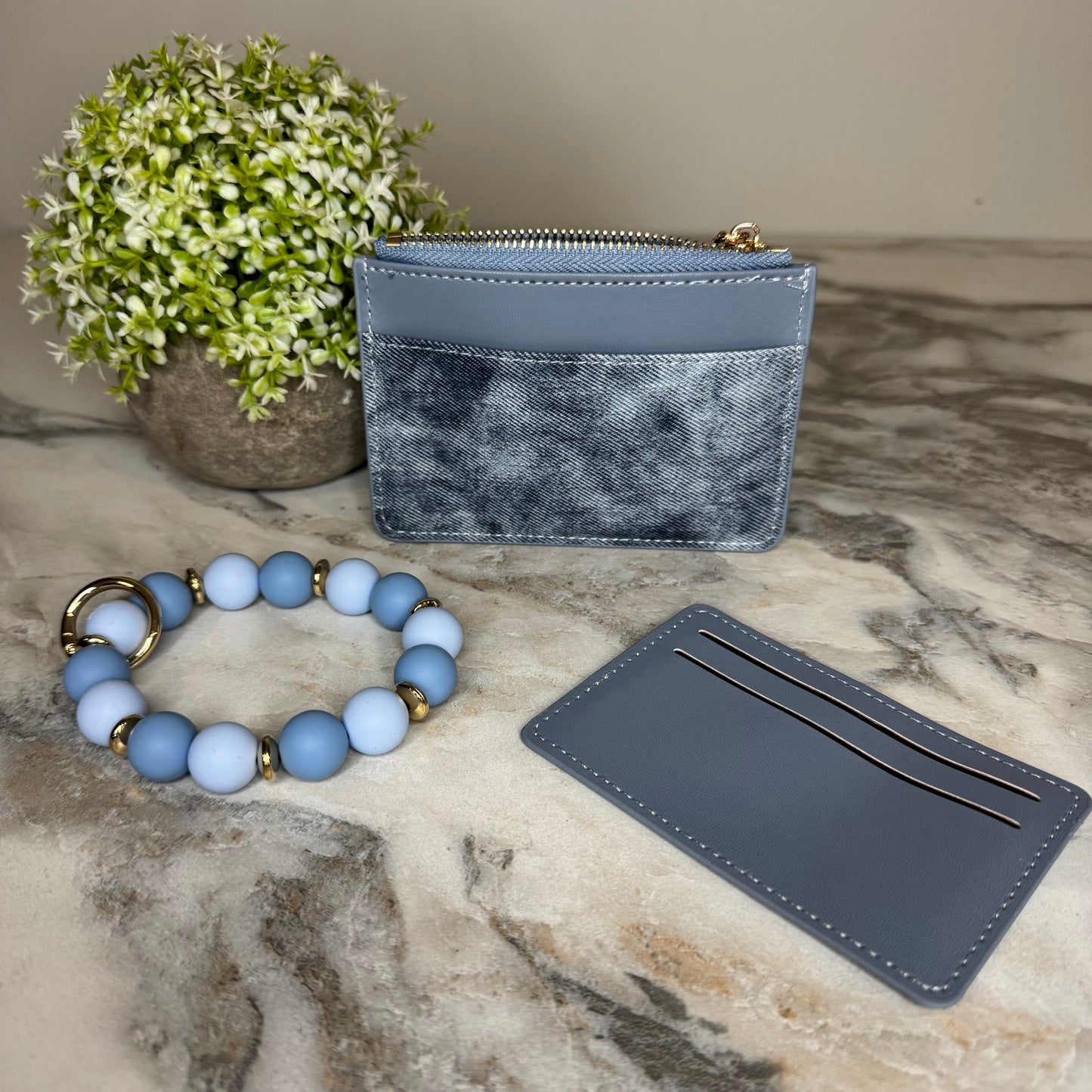 Denim Suede Bracelet Keychain & Card Holder Wallet - PREORDER
