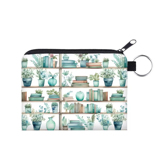 Mini Pouch - Book Shelves Mint White Plants