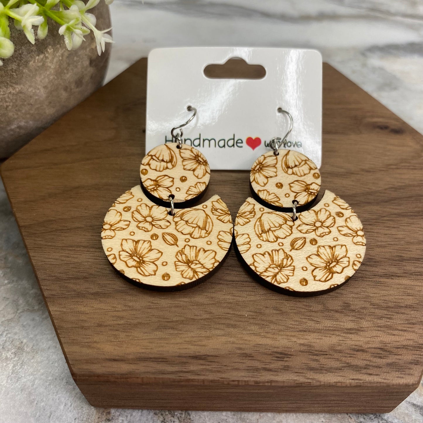 Wooden Dangle Earrings - Floral Moon Circle