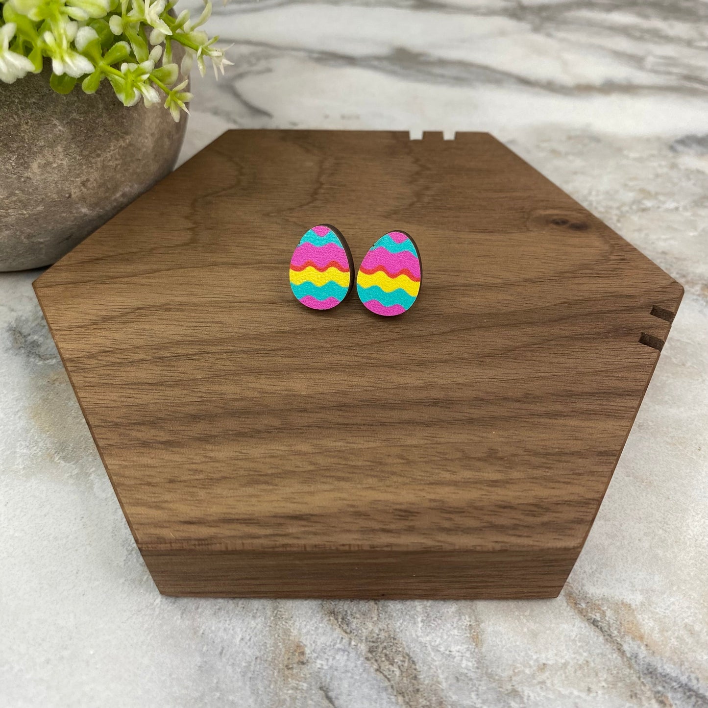 Wooden Stud Earrings - Easter Egg Design - #6