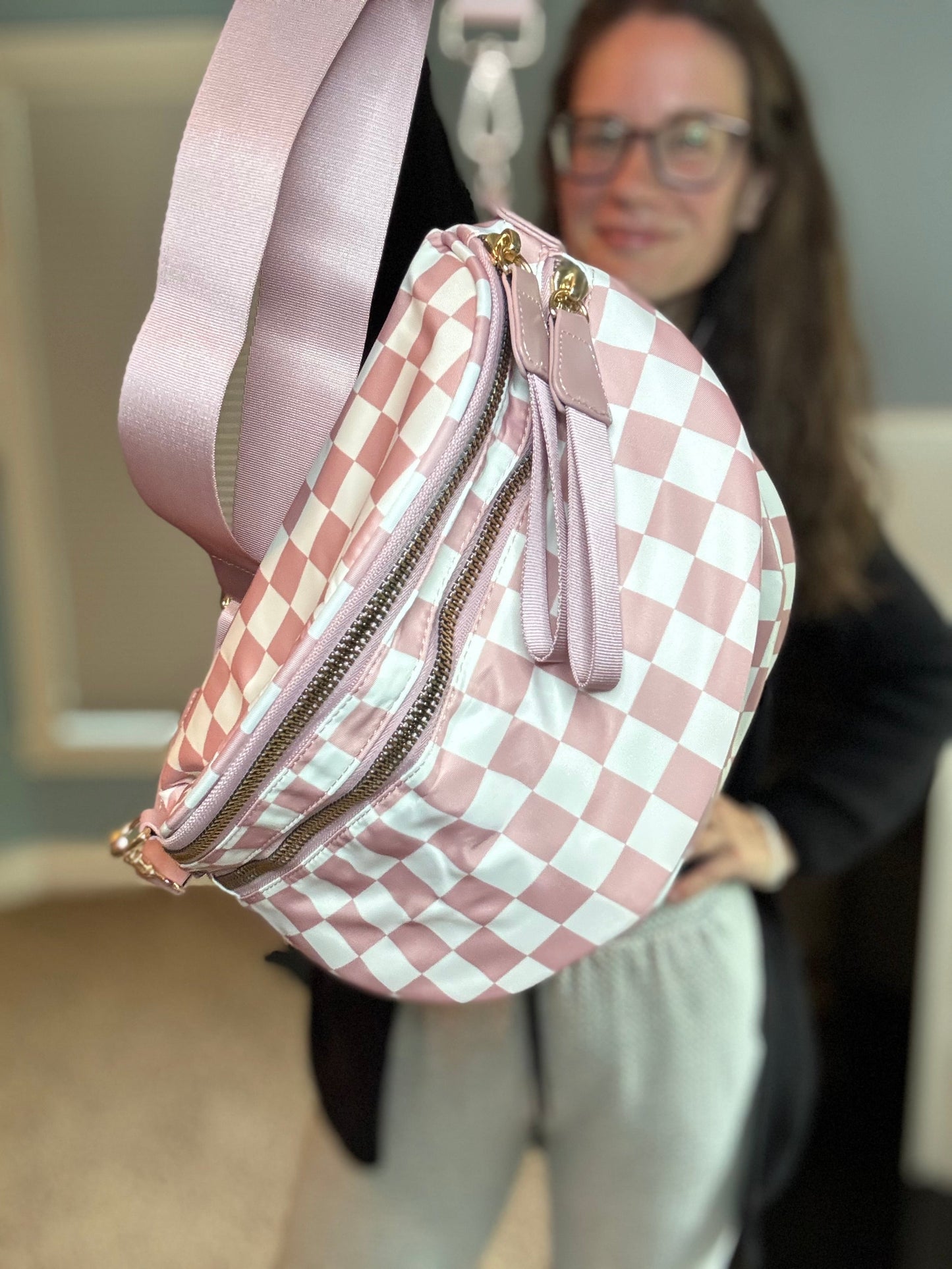 Roni - Checkered - Nylon Crossbody - Medium Pink