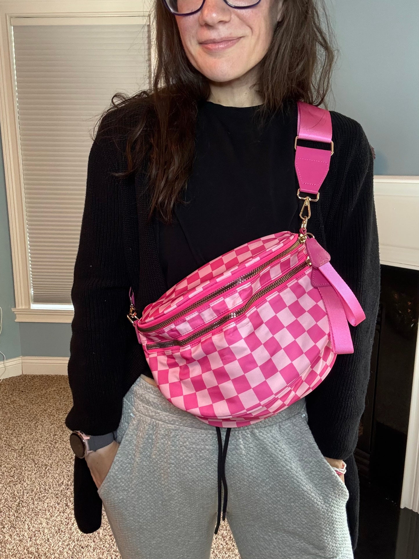 Roni - Checkered - Nylon Crossbody - Hot Pink