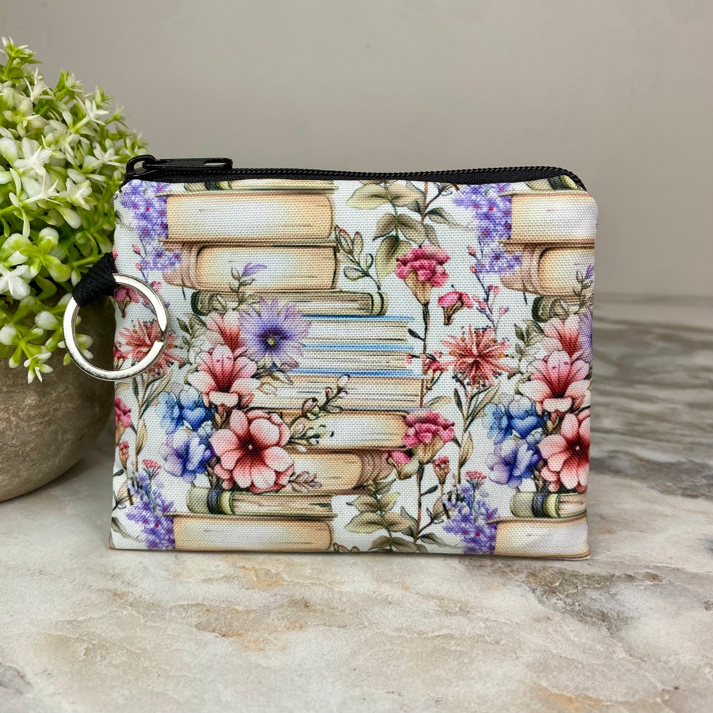 Mini Pouch - Books Stack Cream Purple Floral
