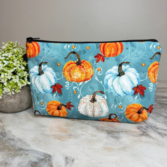 Pouch - Halloween Fall - Aqua Filagree Floral Pumpkins