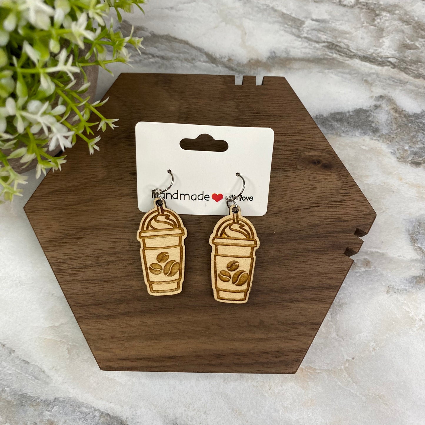 Wooden Dangle Earrings - Frappe Coffee Beans