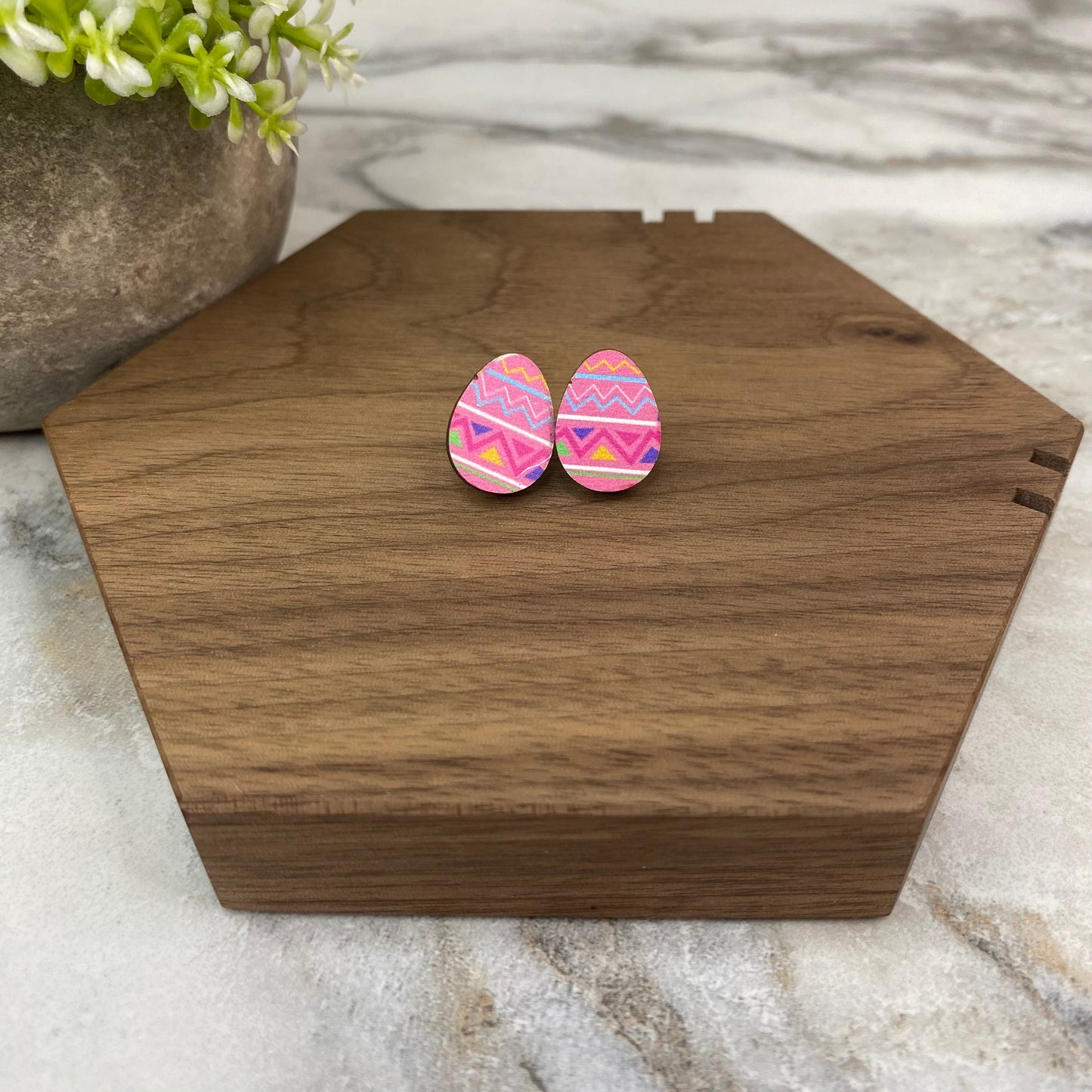 Wooden Stud Earrings - Easter Egg Design - #2