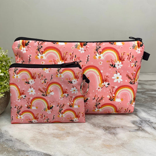 Pouch & Mini Pouch Bundled Set - Rainbow Floral Yellow Orange Pink