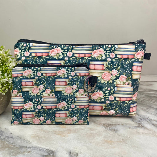 Pouch & Mini Pouch Bundled Set - Book Stack Roses Teal