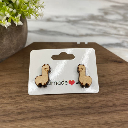 Wooden Stud Earrings - Llama