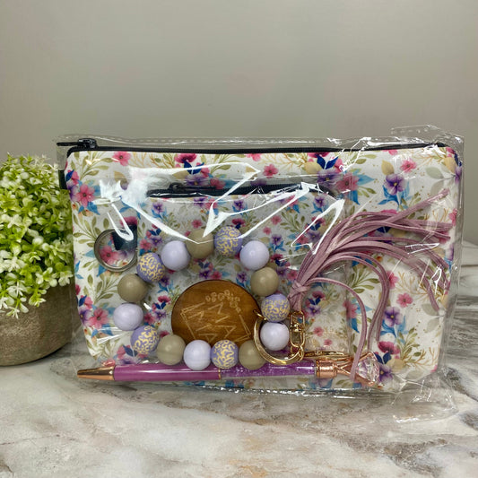Pouch, Mini Pouch, Pen, & Bracelet Keychain Bundled Set - Floral Vines Purple Pink Blue
