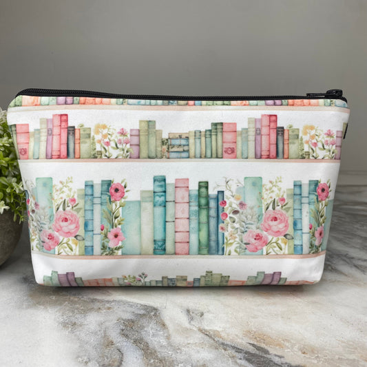Pouch - Books Mint Pink Floral Shelves