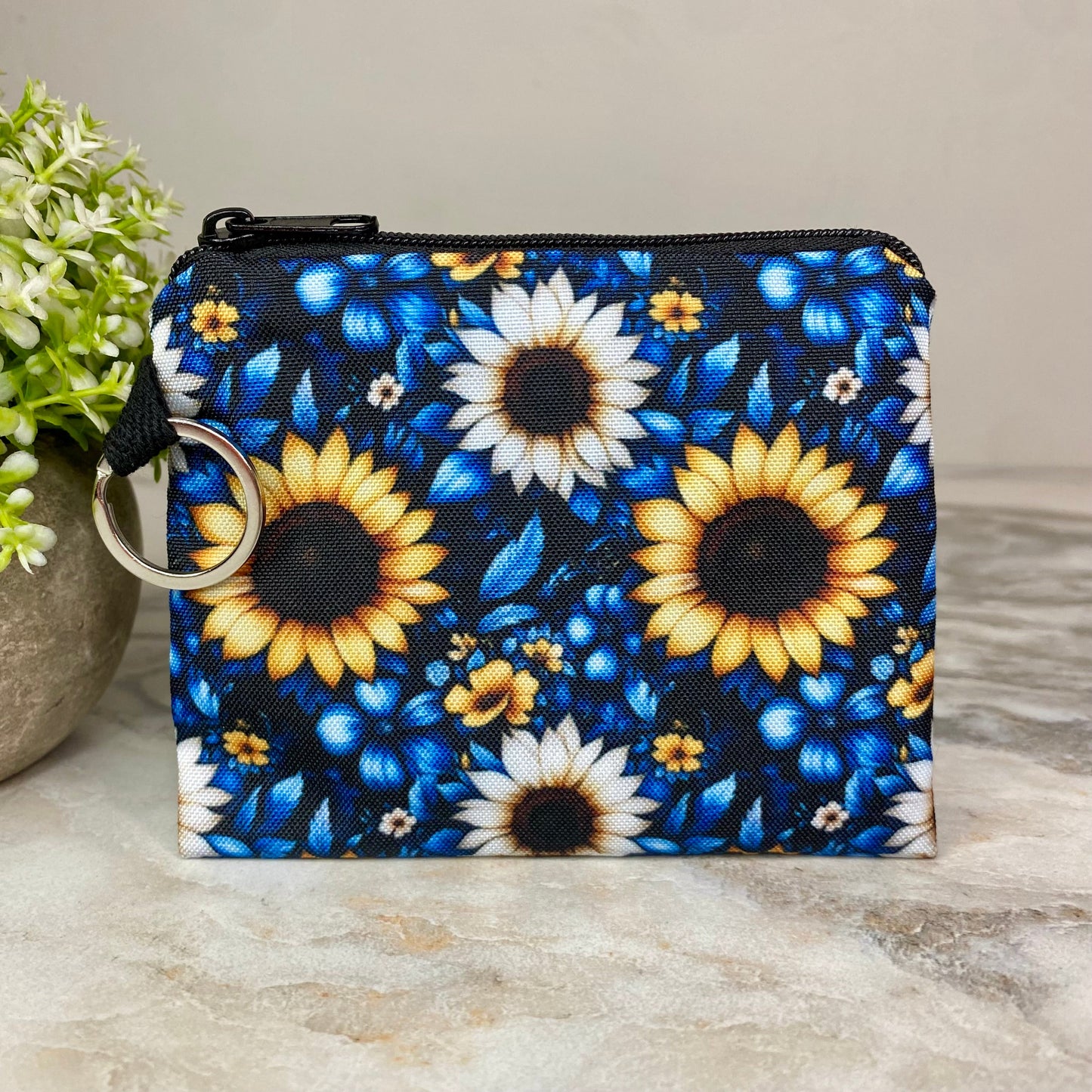 Mini Pouch - Floral Blue Yellow White Sunflower