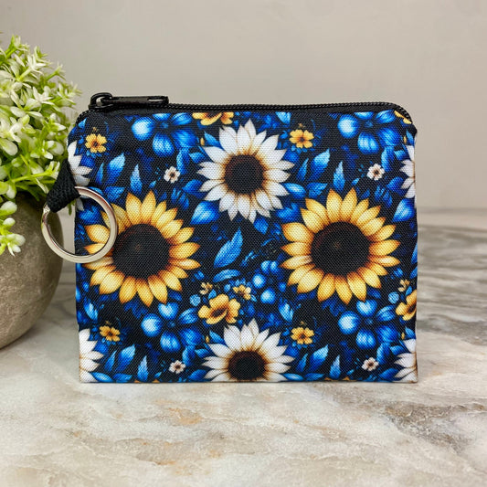 Mini Pouch - Floral Blue Yellow White Sunflower