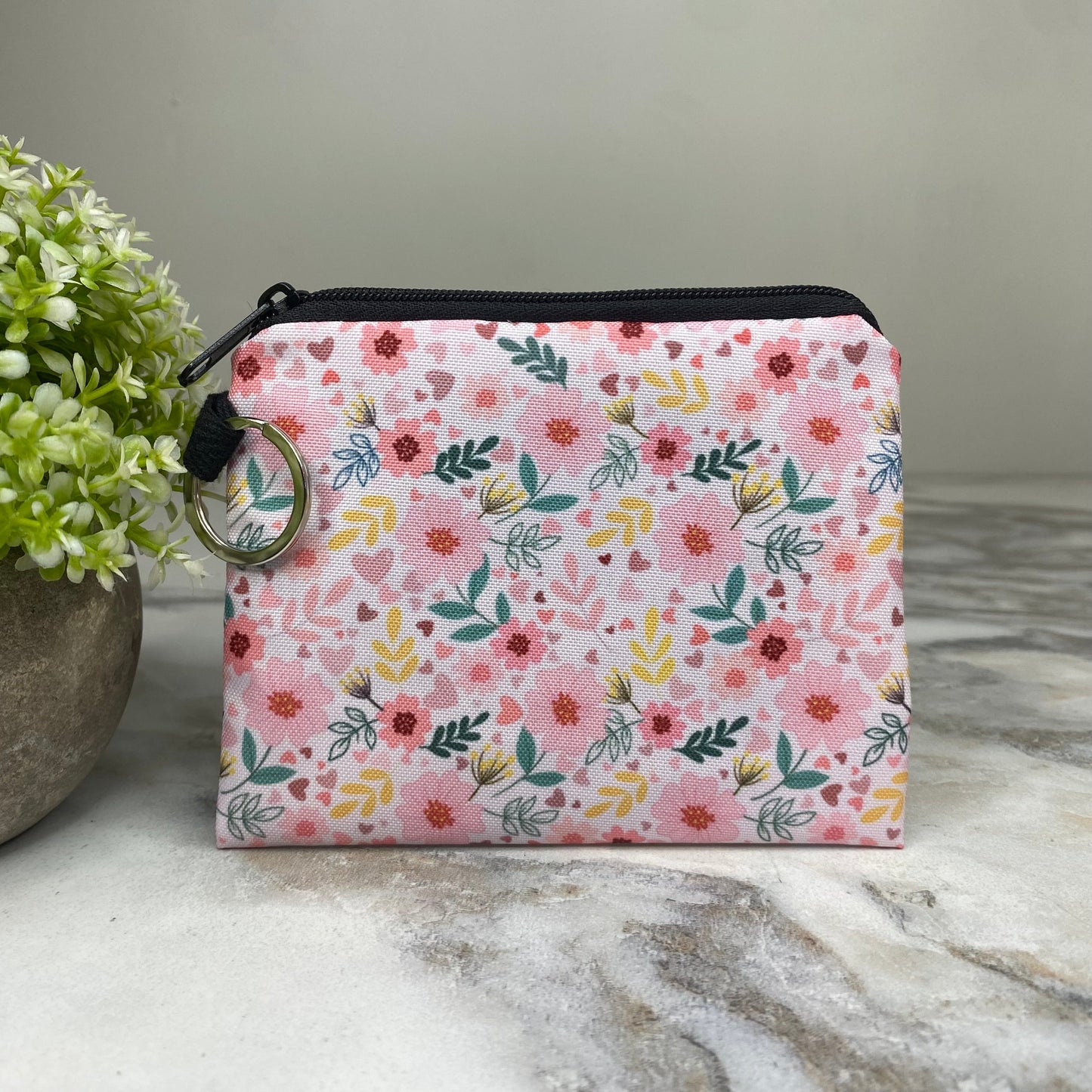 Mini Pouch - Floral Pink Yellow Green on White