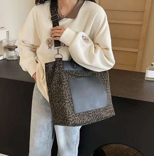 Tote Briefcase Bag - Black & Animal Print