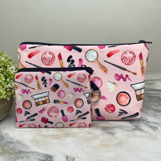 Pouch & Mini Pouch Bundled Set - Makeup Lipstick Eye Shadow on Pink
