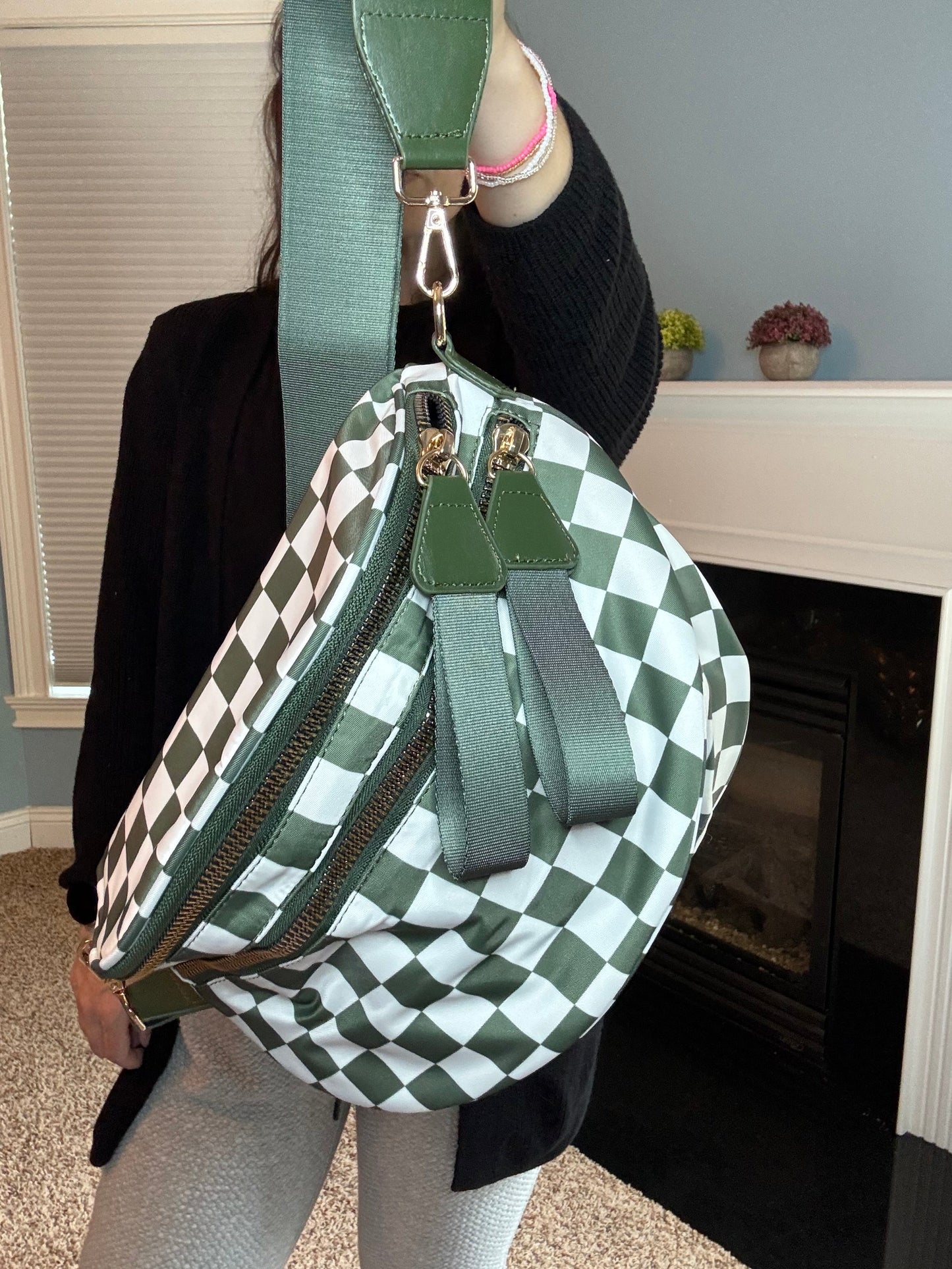 The Roni Nylon Crossbody - Checkered Dark Green - PREORDER