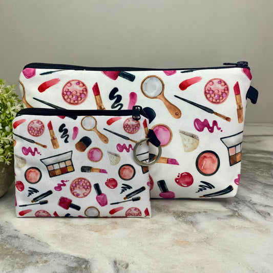 Pouch & Mini Pouch Bundled Set - Makeup Lipstick Eye Shadow on White