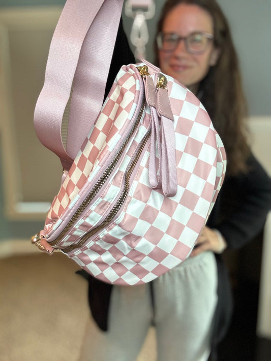 Roni - Checkered - Nylon Crossbody - Medium Pink