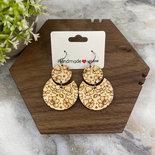 Wooden Dangle Earrings - Floral Moon Circle