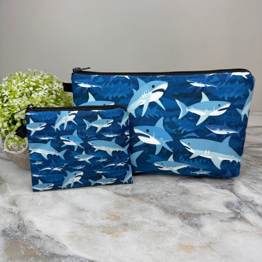 Pouch & Mini Pouch Bundled Set - Sharks On Blue