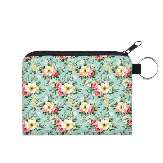 Mini Pouch - Floral Pink Yellow on Mint